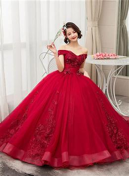 Picture of Wine Red Color Off The Shoulder Lace Party Quinceanera Dress Sweet 16 Dresses,  Ball Gown Prom Dresses